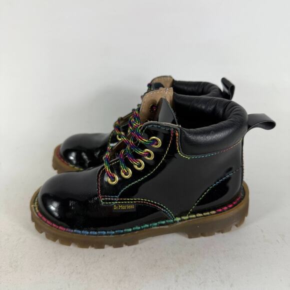 Dr. Martens Boots Kids 10 Black Patent Leather Lace-Up Round Toe Hiking - Picture 5 of 11